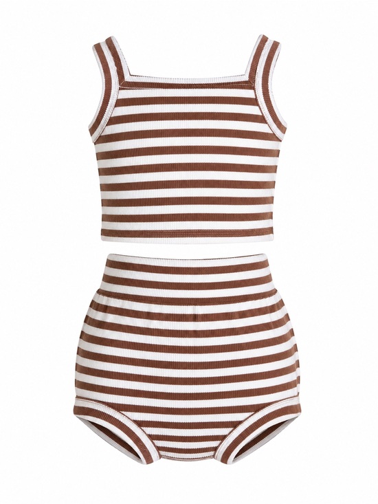 Kindly Other - Kindly the Label Striped Ribbed Tank & High-Waist Brief Set - Brown/White